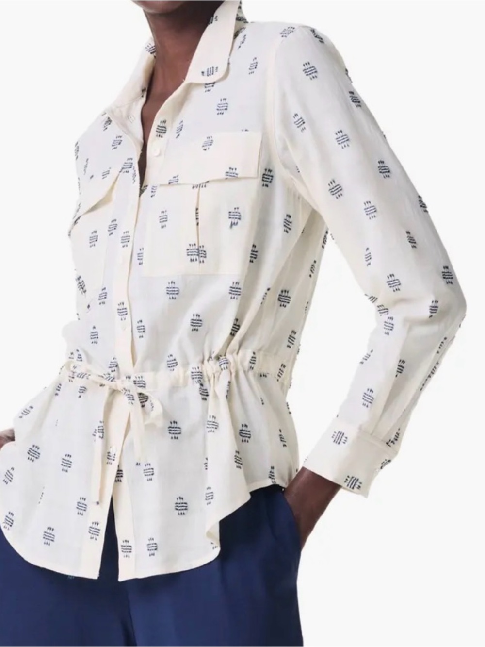 NIC + ZOE Cream Printed Button Down Shirt Size Small Boho Lightweight Tie Waist